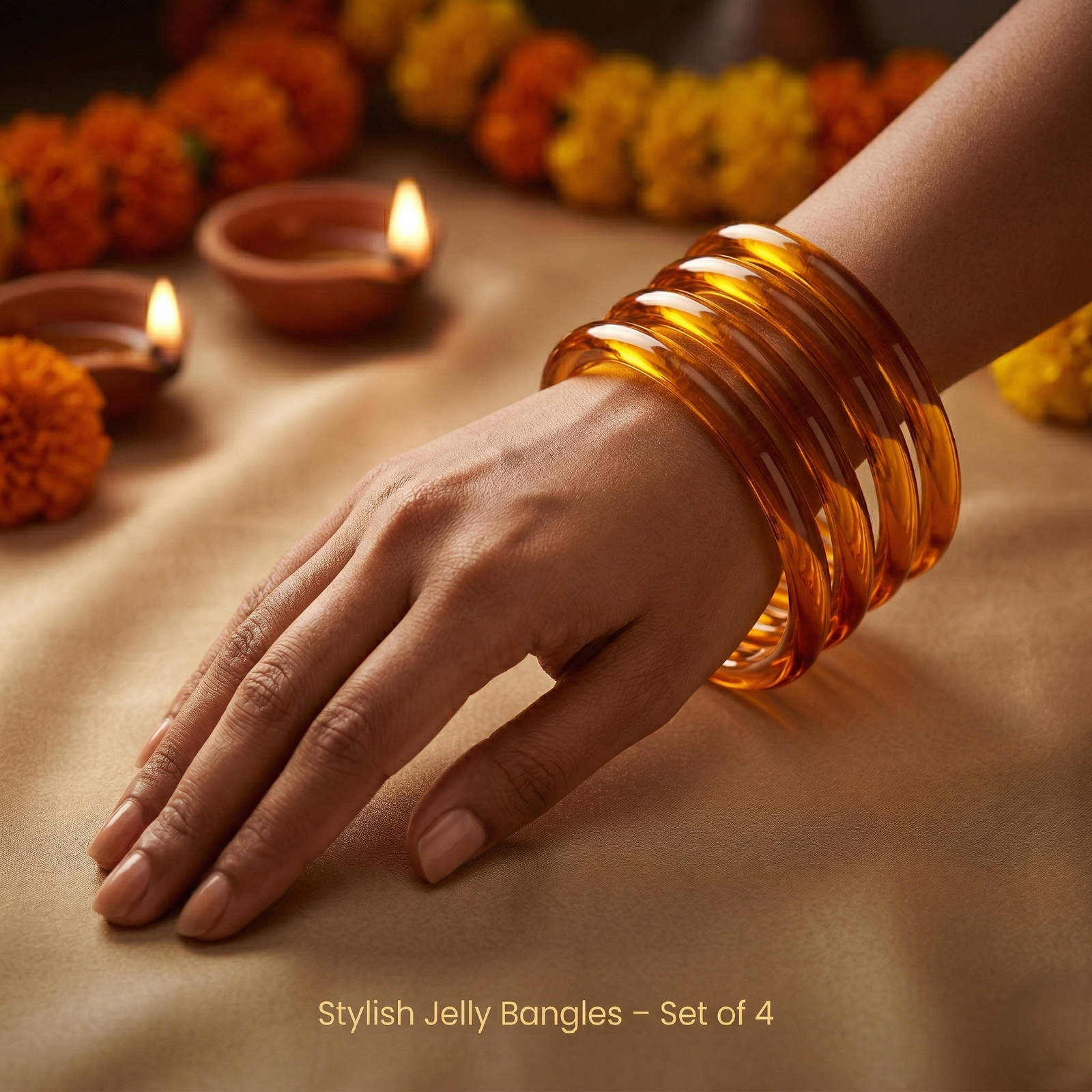 Trendy Orange Jelly Bangles Set of 4 for Women | Transparent Stylish Lightweight Kada | Daily Wear &amp;amp; Festive Fashion Bangles